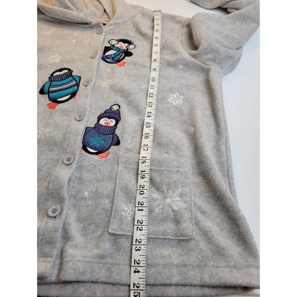 Essentials by Maggie Penguin Fleece Hoodie Cardigan Holiday Winter Gray XL Women - Picture 5 of 12